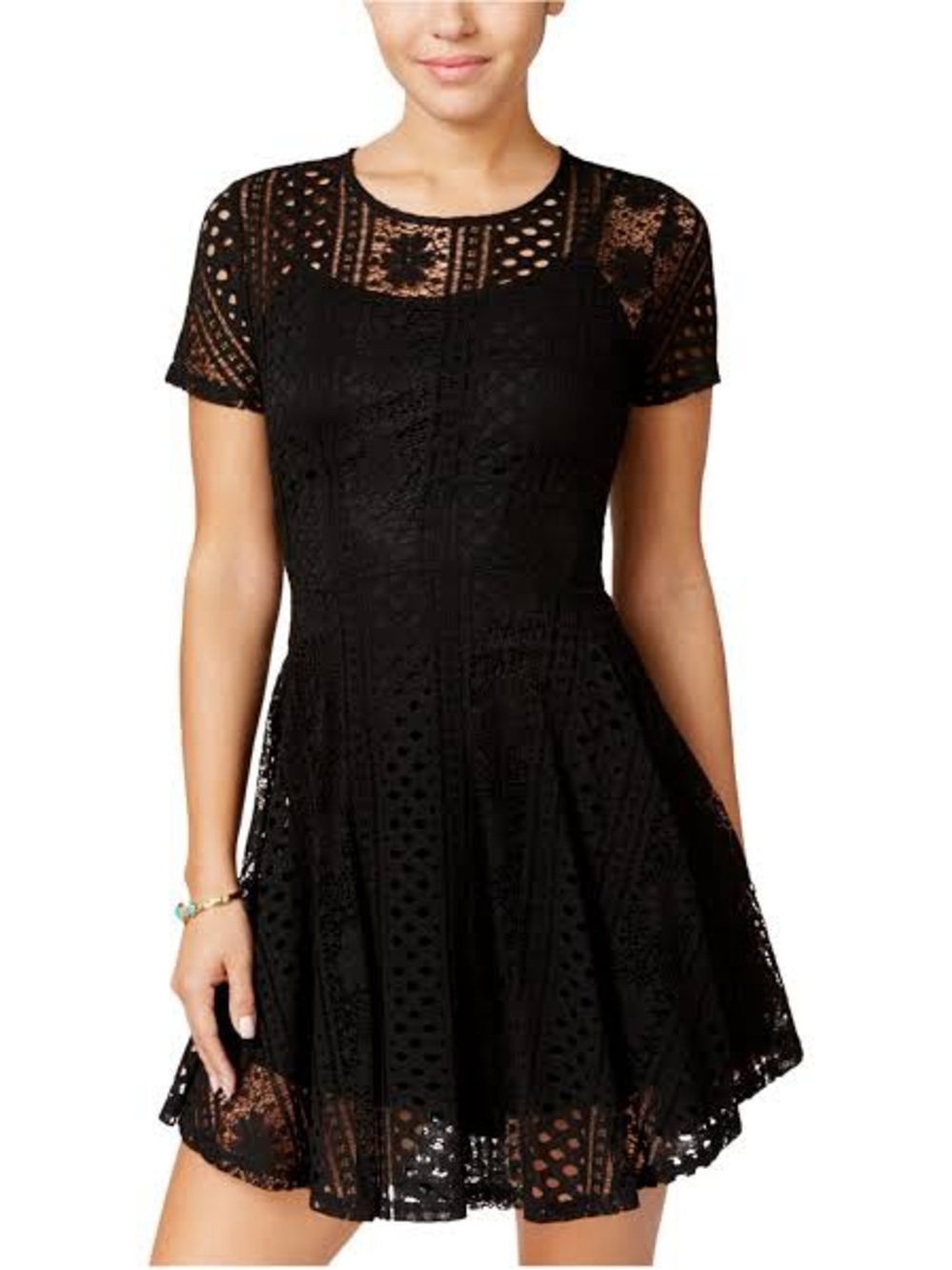 American Rag Cie Lace Short Sleeve Flare Mini Dress Black XS